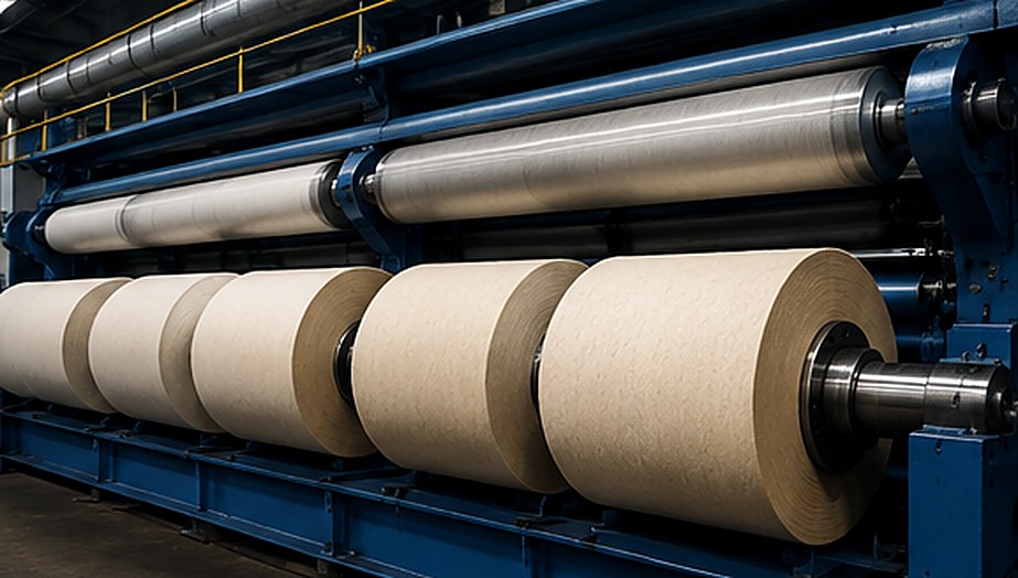 Row of cotton rolls mounted on a calendaring machine